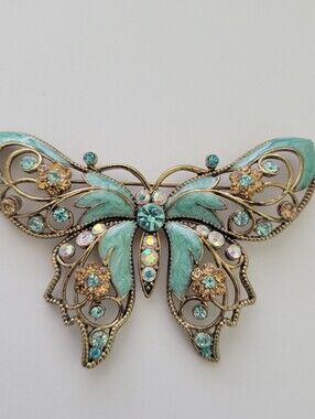 Vintage Nina Ricci Gold Tone Enamel Blue Rhinestone Butterfly Avon Brooch Pin